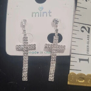 Rhinestone silvertone cross pierced earrings